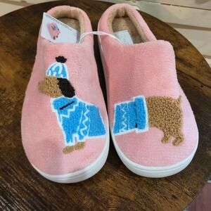 NWT Serra Dachshund Pink Women's Slippers, Dog in Blue Sweater, Plush Size 8
